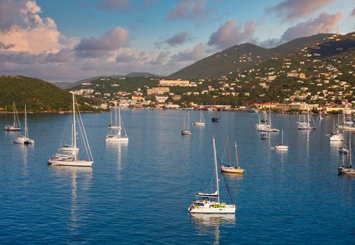 Luxury yachts and sailboats in a calm blue bay