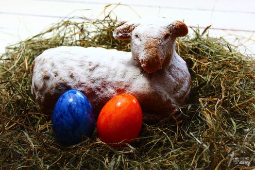 The picture shows an easter lamb in straw and easter eggs