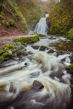 Gleno, County Antrim, Northern Ireland - January 28 2018:  Gleno Waterfall and stream.