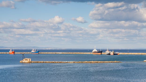 The view from the Famagusta waterfront, in northern Cyprus, across the wave breaker towards the Mediterranean Sea.