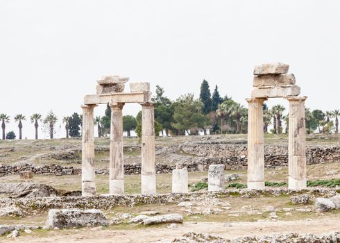 The ruins of the ancient city of Hierapolis is located adjacent to the hot springs of Pamukkale in Turkey.  The site is a UNESCO world heritage site.