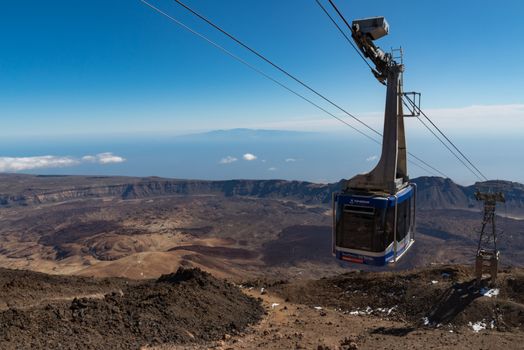 Teide National Park, Tenerife, Canary Islands, Spain- January 14, 2020: Cableway on the volcano Teide (Teleferico del Teide). Touristic way to Pico del Teide mountain.