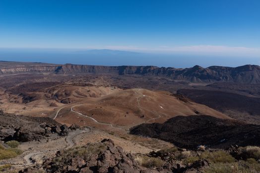 View from Teide то Las Canadas Caldera volcano with solidified lava and Montana Blanca mount. Teide national Park, Tenerife, Canary Islands, Spain. Panorama