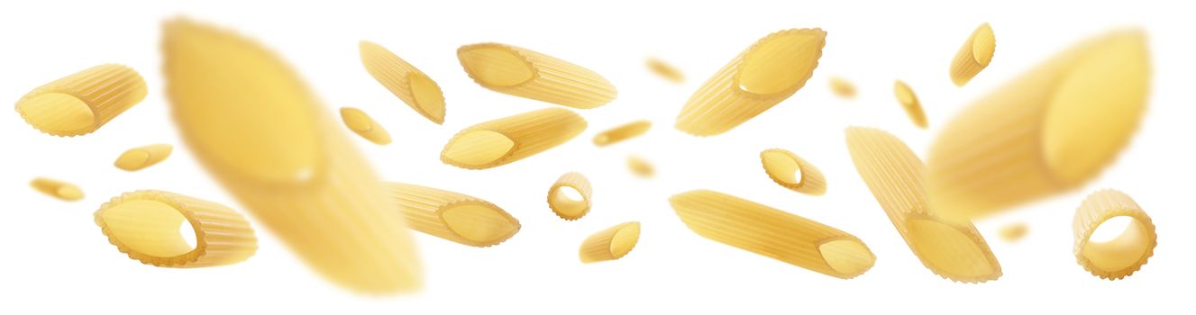 Italian pasta levitating on a white background.