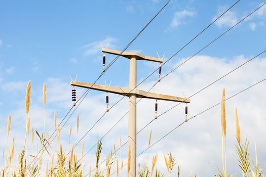 A view of electrical power lines and a pylon in the countryside of southern Turkey.