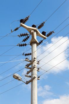 A view of electrical power lines and a pylon in the countryside of southern Turkey.