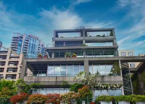 Condo Buildings with Balconies Decorated with many potted plants