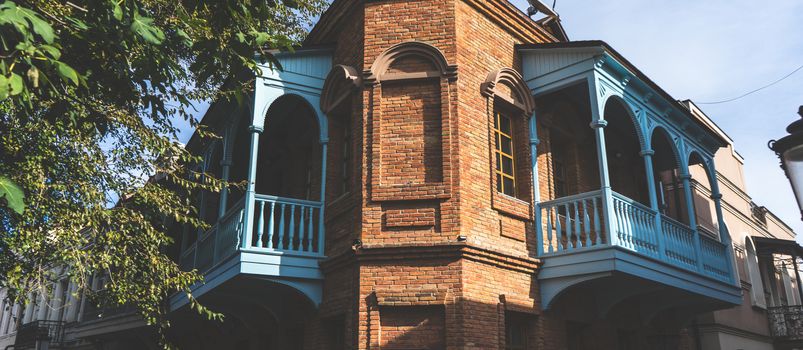 Carving balconies of old Tbilisi, traditional view of streets