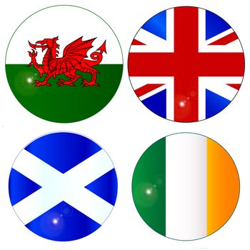 The official flag for Scotland, Wales, Eire, Ireland and England as a button or badge over white