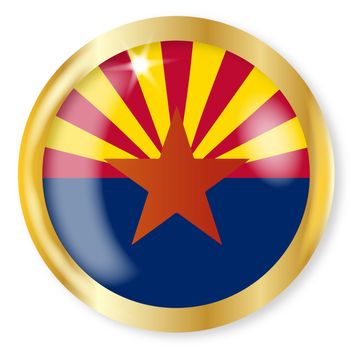 Arizona state flag button with a gold metal circular border over a white background