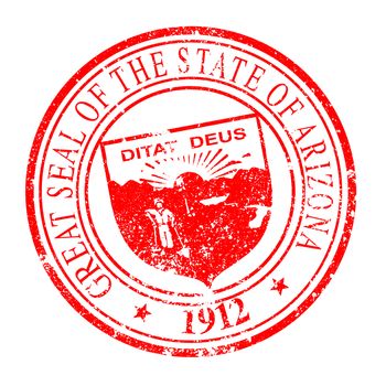 The state seal of Arizona on a white background as a rubber red ink stamp