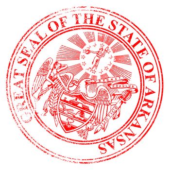 The state seal of Arkansas as a rubber stamp over a white background