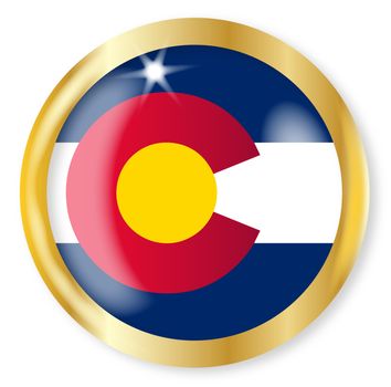 Colorado state flag button with a gold metal circular border over a white background