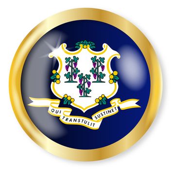 Connecticut state flag button with a gold metal circular border over a white background