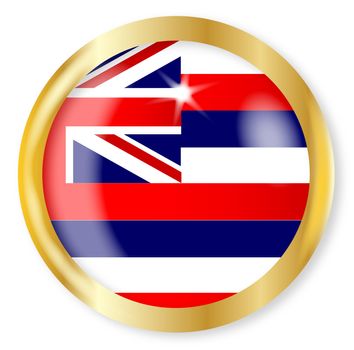 Hawaii state flag button with a gold metal circular border over a white background