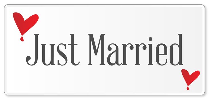 A just married plaque in white over a white background with love cartoon hearts