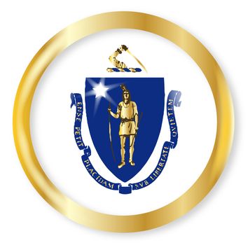 Massachusetts state flag button with a gold metal circular border over a white background