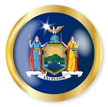 New York state flag button with a gold metal circular border over a white background