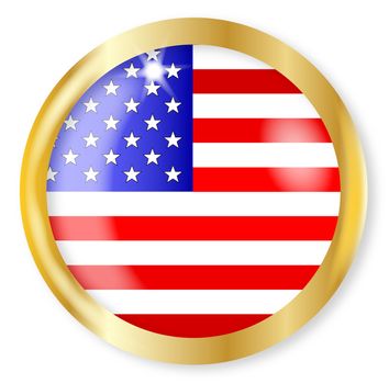 A USA button of the Stars and Stripes with a gold metal circular border over a white background