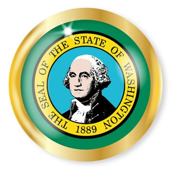 Washington state flag button with a gold metal circular border over a white background