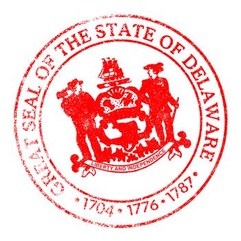 The state seal of Delaware as a rubber stamp over a white background