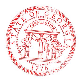 The state seal of Georgia as a rubber stamp over a white background