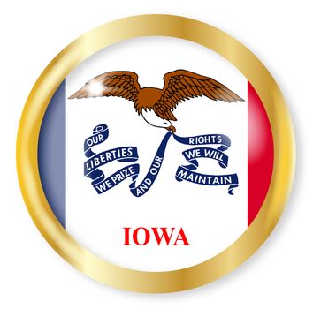 Iowa state flag button with a gold metal circular border over a white background