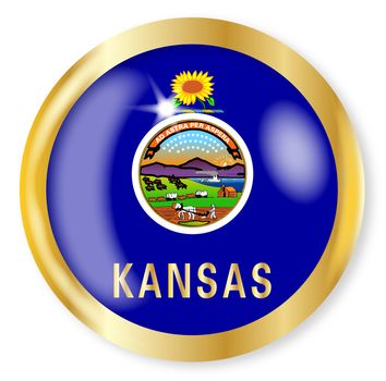 Kansas state flag button with a gold metal circular border over a white background