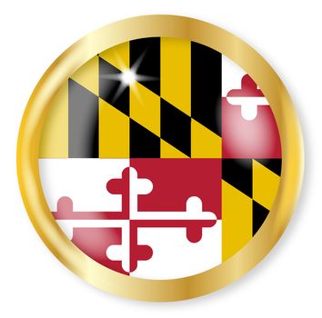 Maryland state flag button with a gold metal circular border over a white background