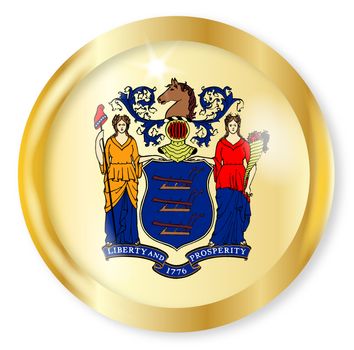 New Jersey state flag button with a gold metal circular border over a white background