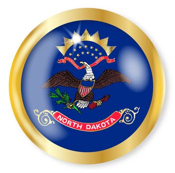 North Dakota state flag button with a gold metal circular border over a white background