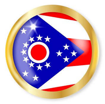 Ohio state flag button with a gold metal circular border over a white background