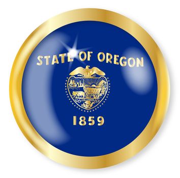 Oregon state flag button with a gold metal circular border over a white background