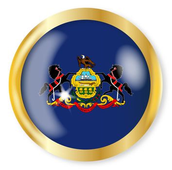 Pennsylvania state flag button with a gold metal circular border over a white background