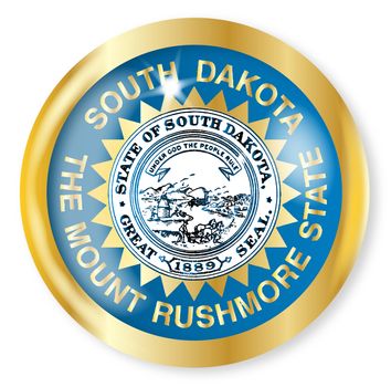 South Dakota state flag button with a gold metal circular border over a white background
