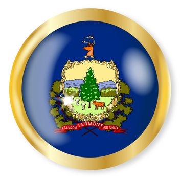 Vermont state flag button with a gold metal circular border over a white background