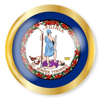 Virginia state flag button with a gold metal circular border over a white background