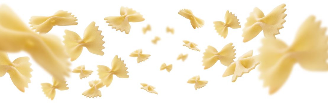 Italian pasta levitating on a white background.