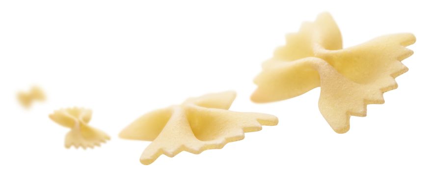 Italian pasta levitating on a white background.