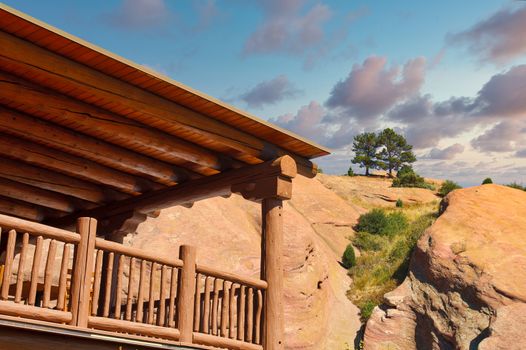 A traditonal adobe building near red rocks in Colorado