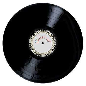 A typical LP vinyl record with the legend CLASSICAL and a circle of piano keys all over a white background.