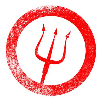 A rubber red ink stamp of the devils pitchfork over a white background