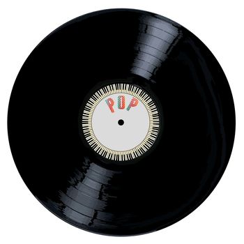 A typical LP vinyl record with the legend POP and a circle of piano keys all over a white background.