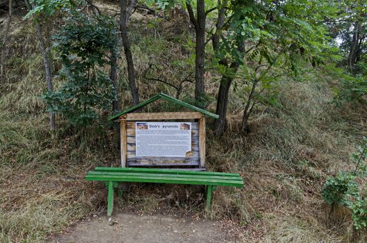 The information plate  in english language for the rock formations Stob pyramids and place for relax, west share of Rila mountain, Kyustendil region, Bulgaria, Europe