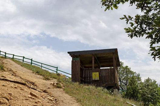 Wooden mountain shelter for rest near path toward Stob pyramids, west share of Rila mountain, Kyustendil region, Bulgaria, Europe