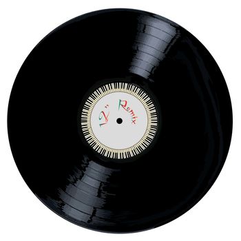 A typical LP vinyl record with the legend 12 inch REMIX and a circle of piano keys all over a white background.