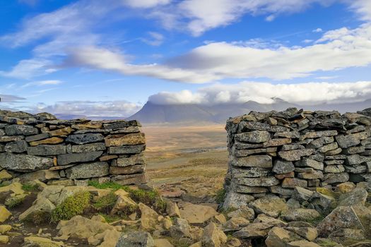 Borgarvirki mountain castle in Iceland view from top through stone wall over wide valley