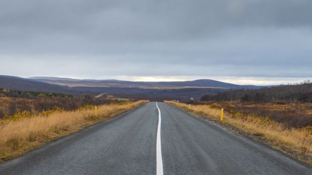 Empty road in Iceland with continues middle line during grey and stormy autumn day