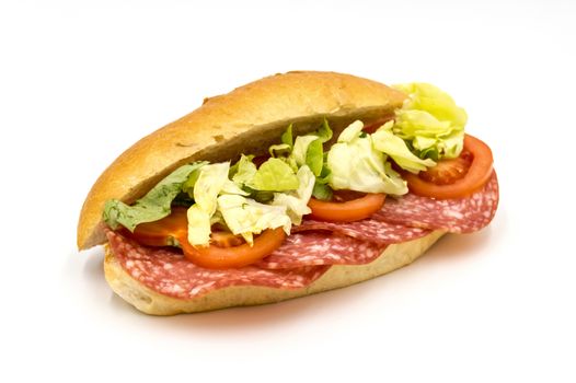 Italian sausage sandwich with salad and tomato on white background
