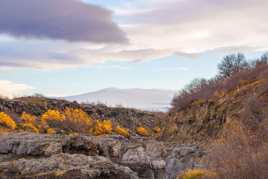 Hraunfossar series of waterfalls barnafoss yellow vegetation next to waterfalls during sunny fall day